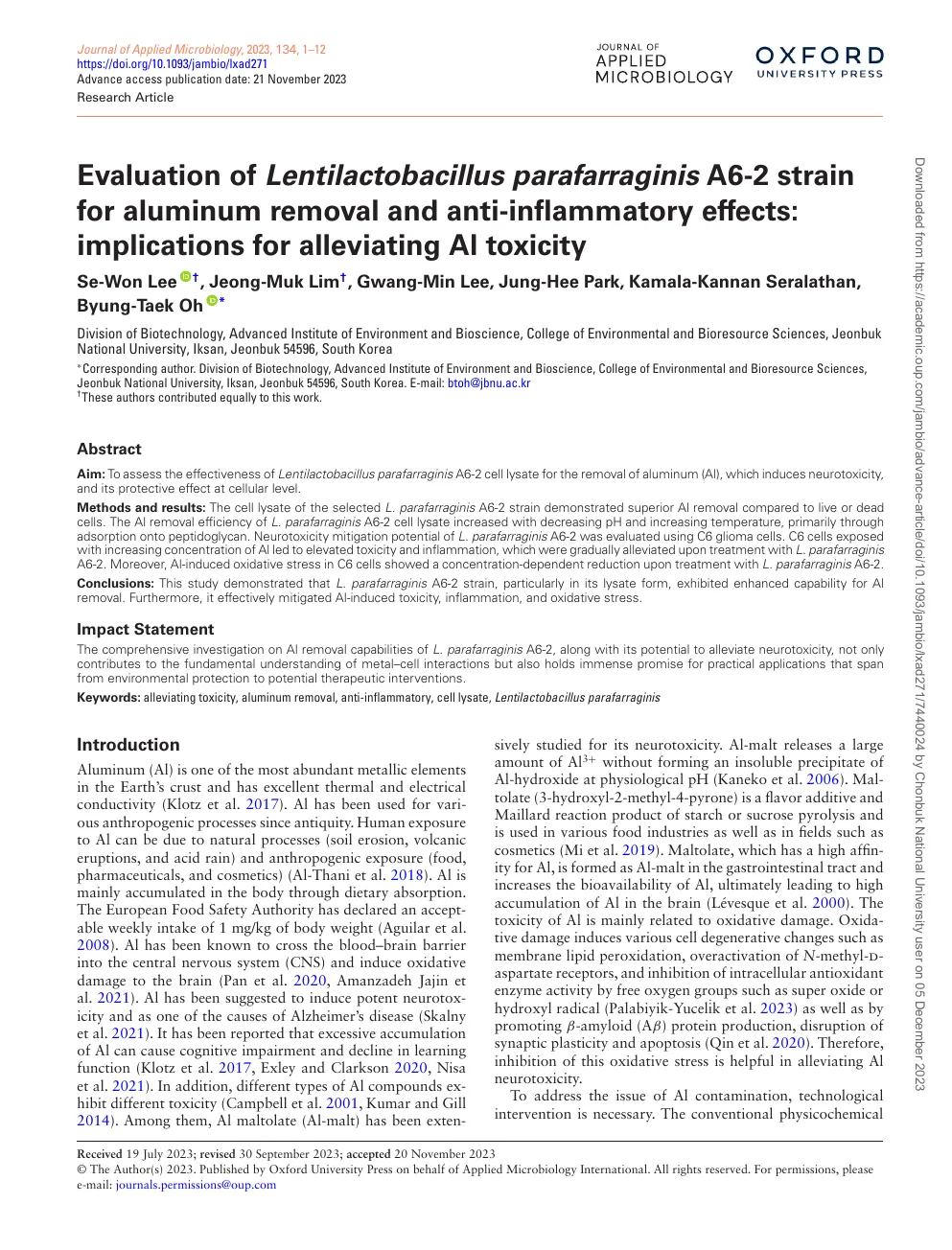 Lentilactobacillus parafarraginis A6-2 연구 논문 첫 페이지